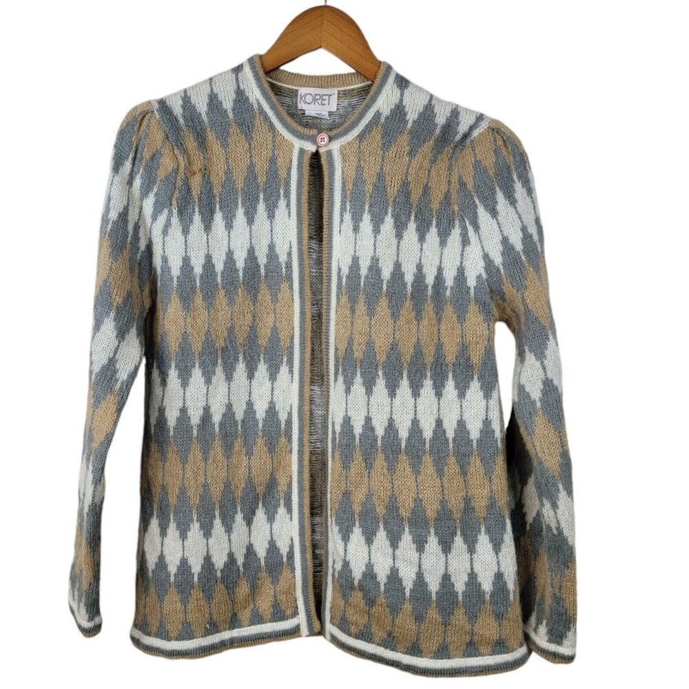 Vintage Granny Cardigan Wool Sweater Size Medium White Tan Grey Argyle plush